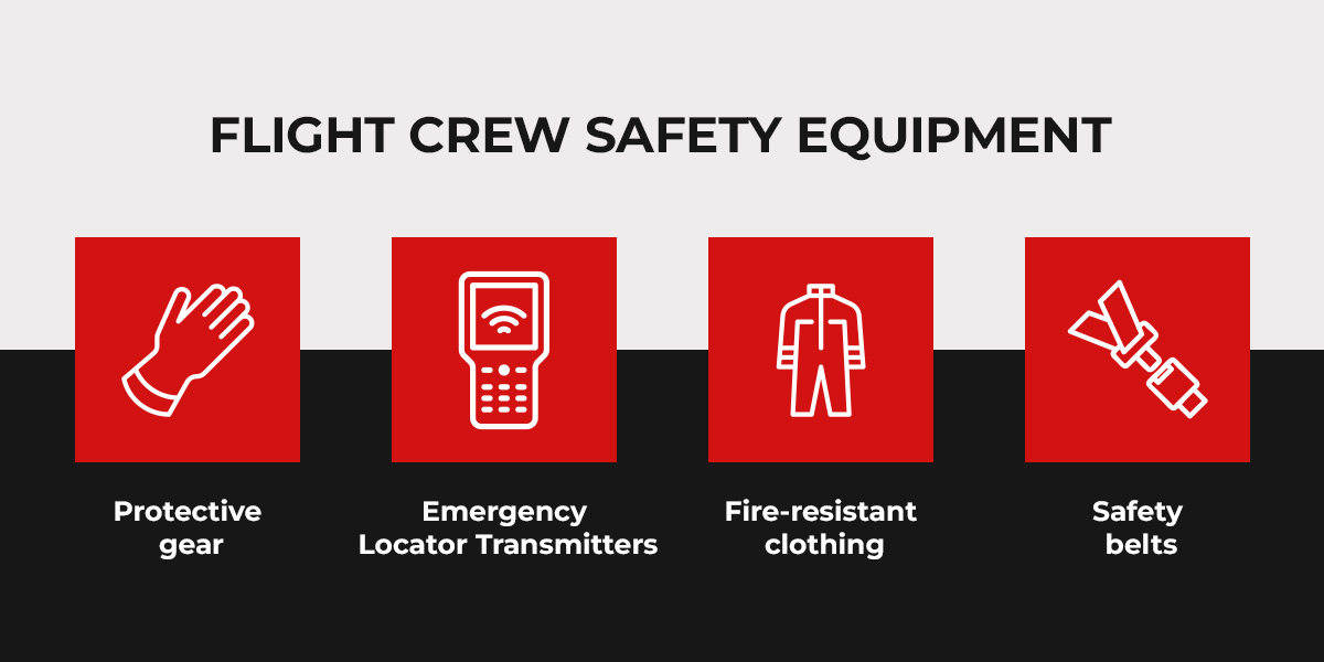 Flight crew safety equipment includes protective gear, safety belts, and more